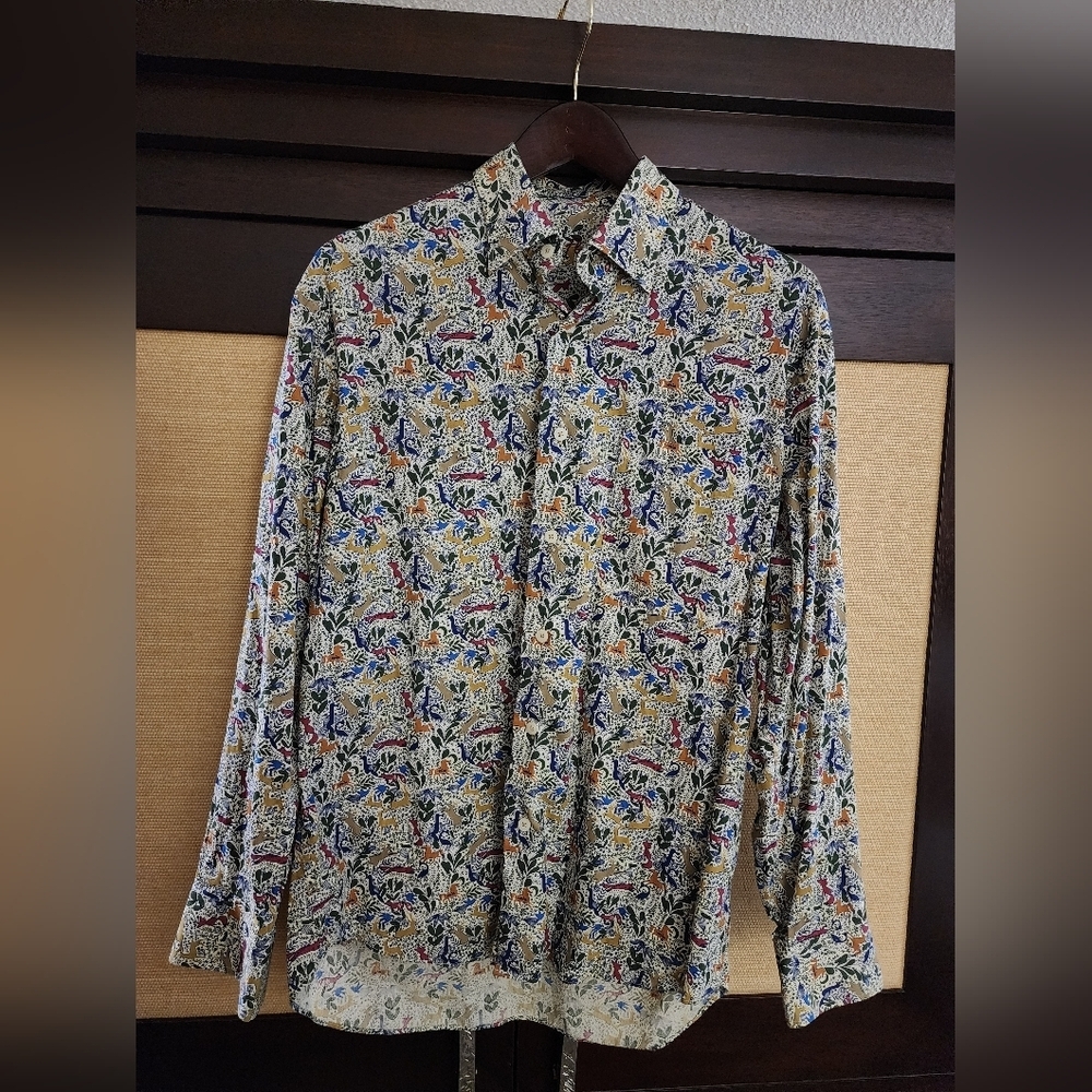 Alan Flusser Fox Deer Animal Print Button Down Shirt Mens M Cotton Novelty
